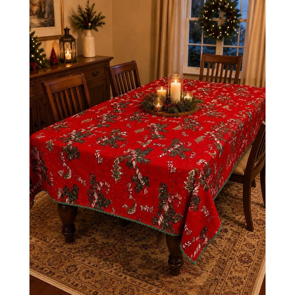 Vintage Christmas Tablecloth Red Candy Cane Evergreen Green Rickrack 50x84
